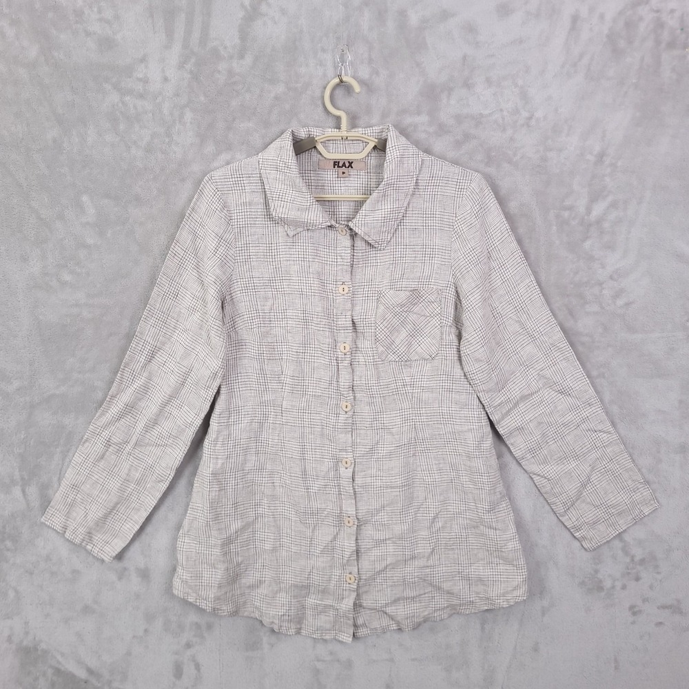 Flax Linen Top Shirt Women Size P Long Sleeve Check Plaid Button Up Collared